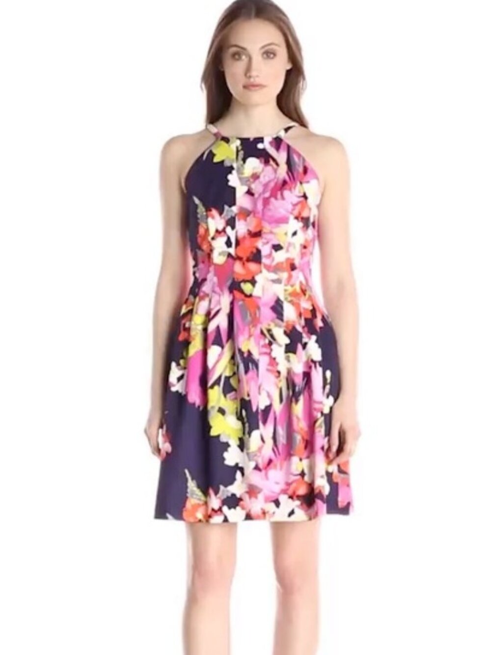 Vince Camuto Navy Floral Halter Scuba Knit Pleated Fit and Flare Dress Women's 6